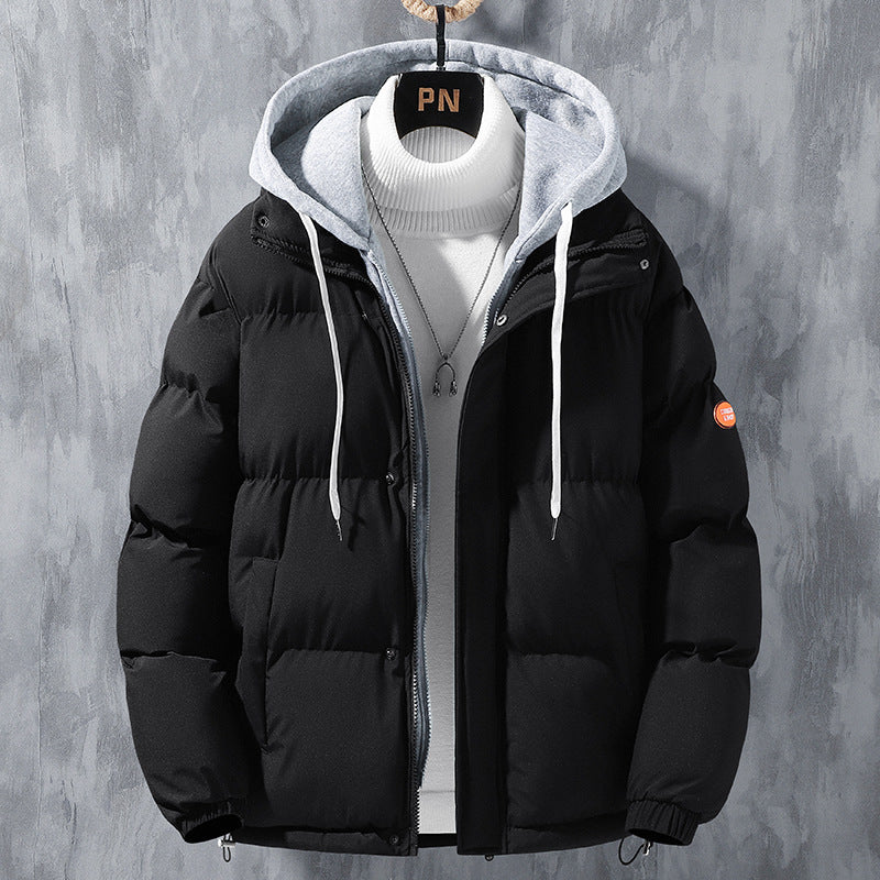 Fashion Hooded Jacket Men Winter Windproof Thickened Two-piece Coat Solid Leisure Sports Cotton Jacket