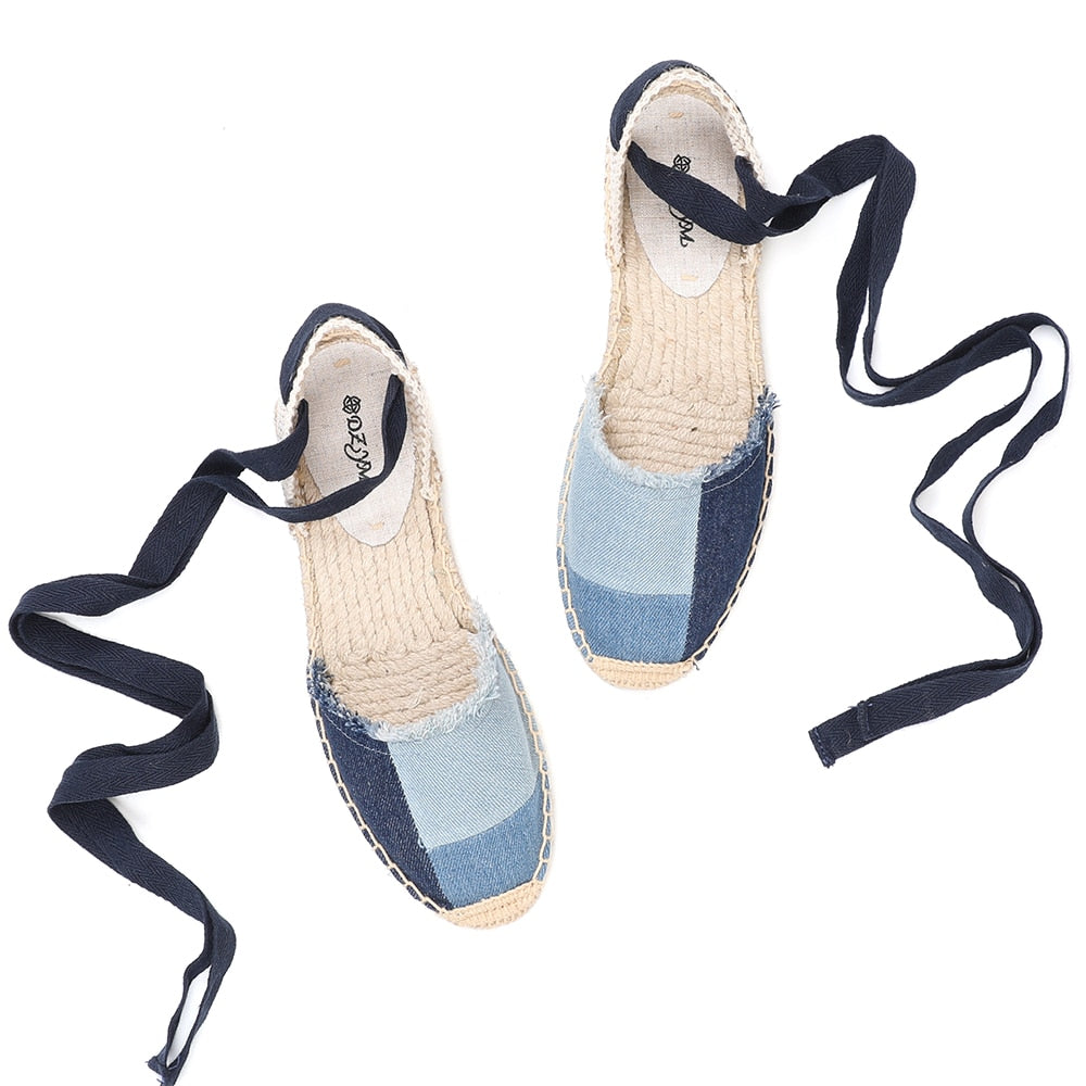 New Top Denim T-strap Flat With Cotton Fabric Open Sandals  for Women Espadrilles Flat Shoes
