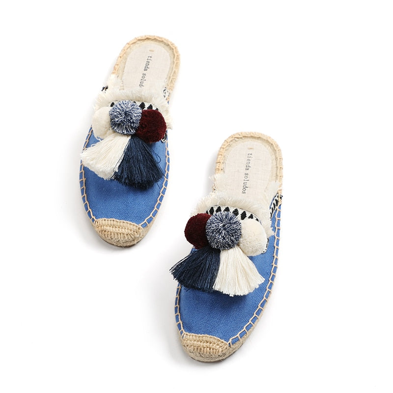 Women Shoes Espadrilles 2023 Sale Furry Slippers Rubber Hemp Colors Spring Summer Fluffy Ball Mule Slides