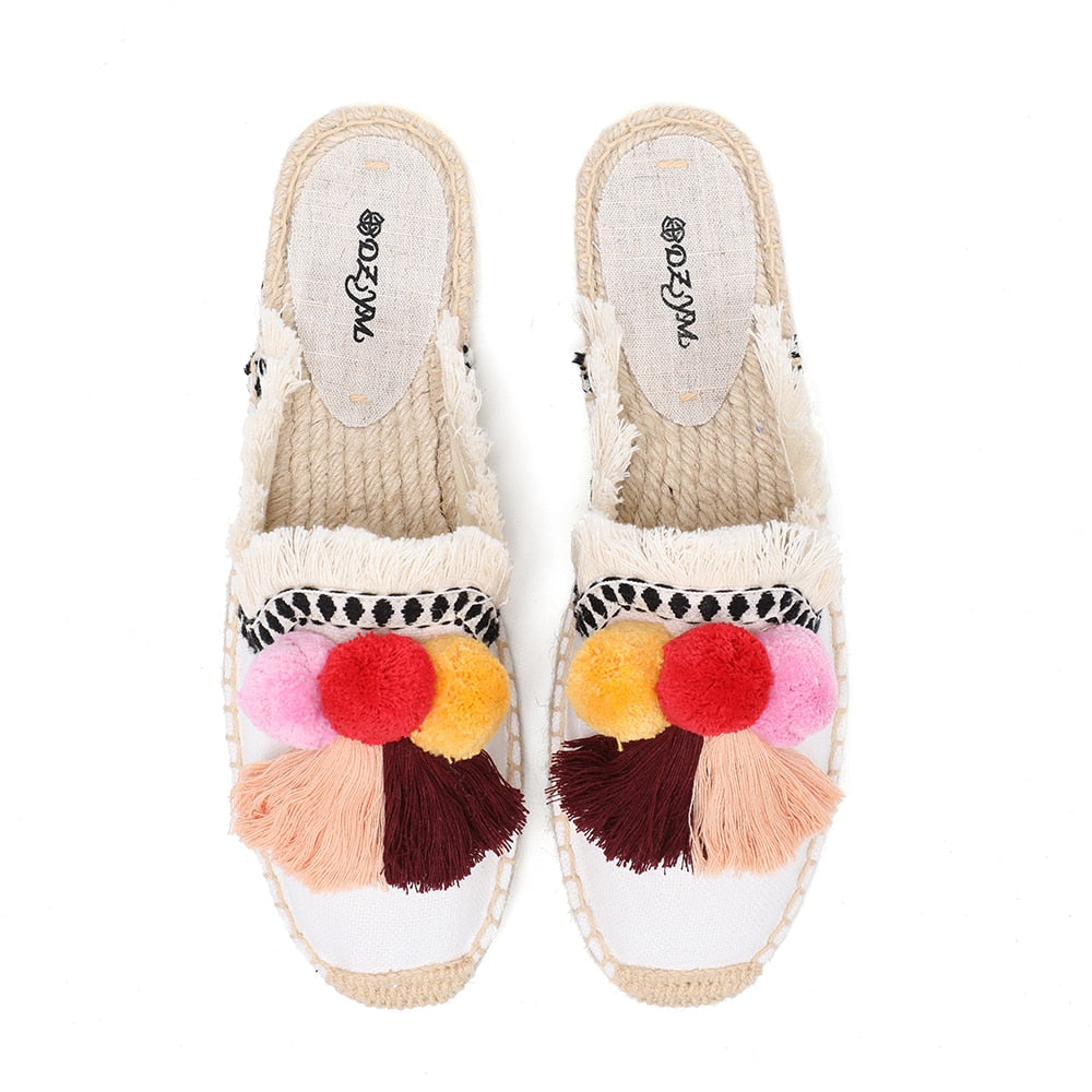 Women Shoes Espadrilles 2023 Sale Furry Slippers Rubber Hemp Colors Spring Summer Fluffy Ball Mule Slides
