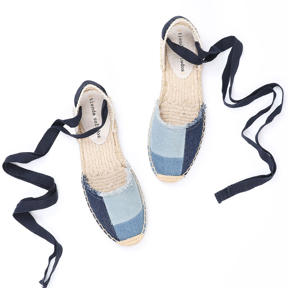 New Top Denim T-strap Flat With Cotton Fabric Open Sandals  for Women Espadrilles Flat Shoes