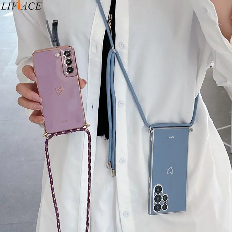 "Stylish Love Heart Crossbody Lanyard Strap Phone Case for Samsung Galaxy S21/S20/S22/S23 and More - Protect Your Device with Fashion and Functionality!"