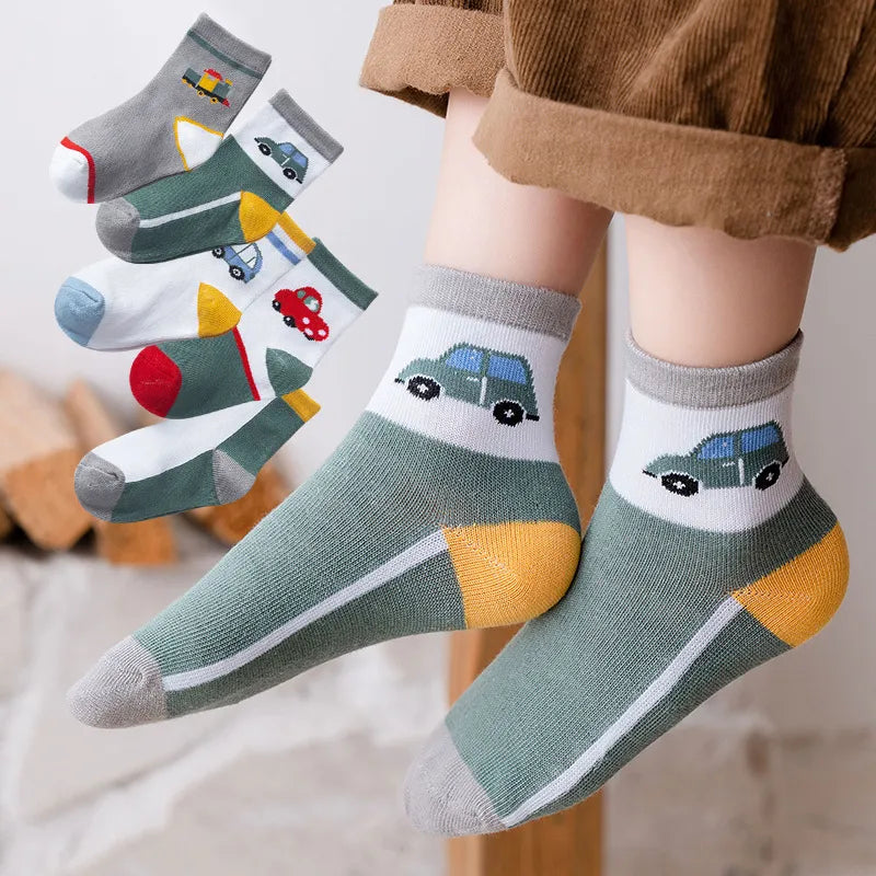 "Get Your Kids Ready for Every Adventure with 5 Pairs of Soft Cotton Cartoon Design Kids Socks: Perfect for Boys, Girls, and Toddlers Aged 0-9 Years!"