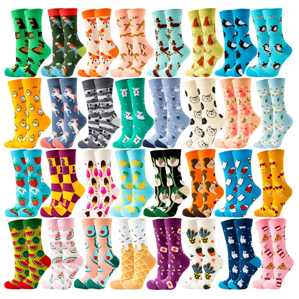 "Funky and Playful Women's Socks: Autumn and Winter Collection of Animal, Plant, and Fruit Designs