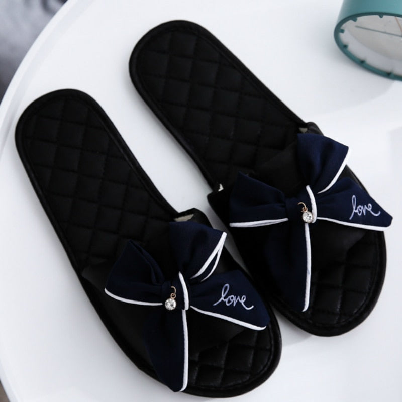 Women Silk Slippers Flat Heel Platform Slides Cute Casual Peep Toe Butterfly Knot Female Ladies Indoor Shoes