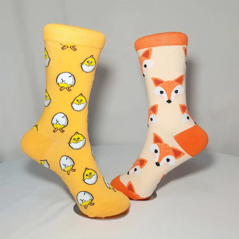 "Funky and Playful Women's Socks: Autumn and Winter Collection of Animal, Plant, and Fruit Designs