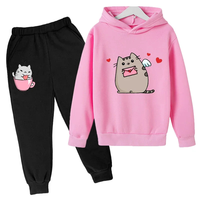 Cute Cat Print Cartoon Hoodie for Children's Wear Fun Sweaters for Girls/Boy Winter Children's Wear Set