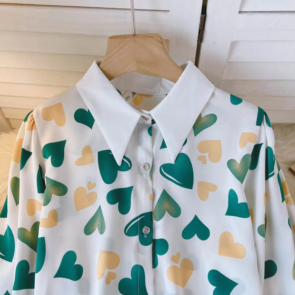 Love print shirt female spring and summer new fashion fresh rustic style design sense of hundred lantern sleeve chiffon shirt
