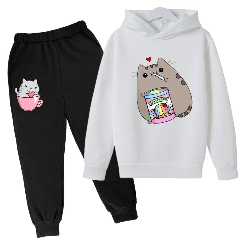Cute Cat Print Cartoon Hoodie for Children's Wear Fun Sweaters for Girls/Boy Winter Children's Wear Set