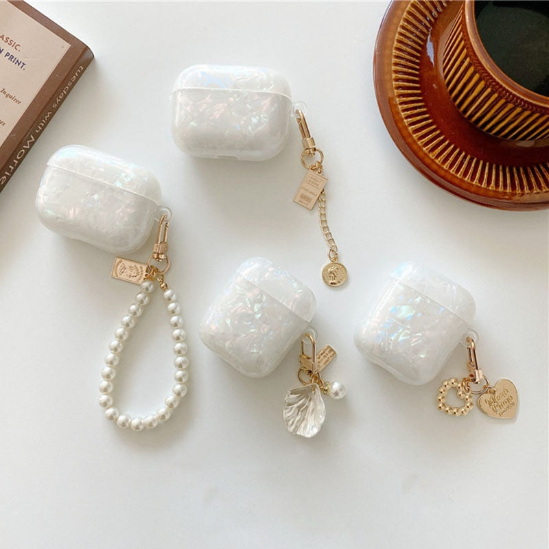 Dreamy White Glossy Shell Pearl Bracelet Keychain Earphone Soft Case for Apple Air pods 1 2 Pro 3 Wireless Headset Box Cover