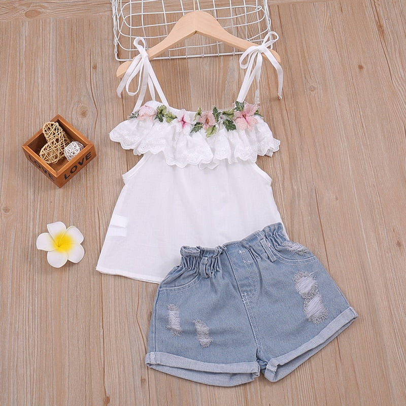 Summer Thin Suit Flower Decoration Sling Top+Denim Shorts 2Pcs Clothing Sets Children&#39;s Clothing Girl Clothing
