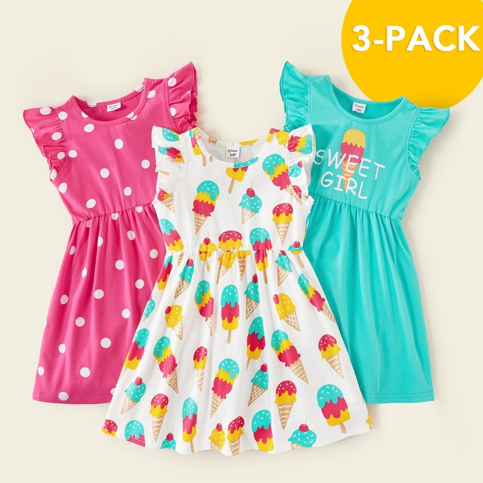 Summer 3-Pack Girls Dresses Toddler Ice Cream Polka Dots Children Clothing New Arrival 3-6Y