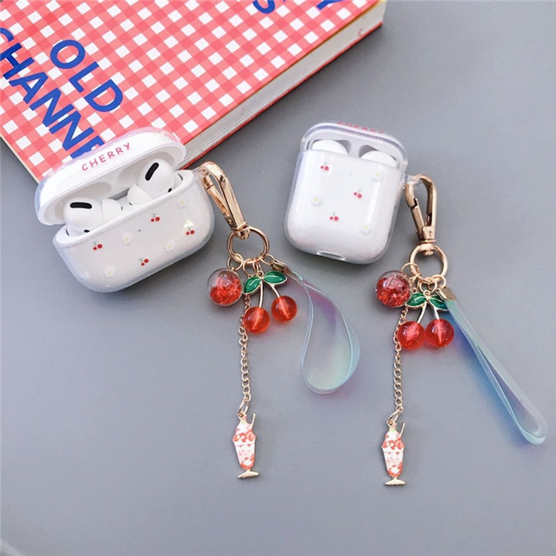 Cute Cherry Pattern Clear TPU Soft Cover for Air Pods Pro 3 Wireless Bluetooth Earphone Case for Air Pods 1 2 Cover Key Ring