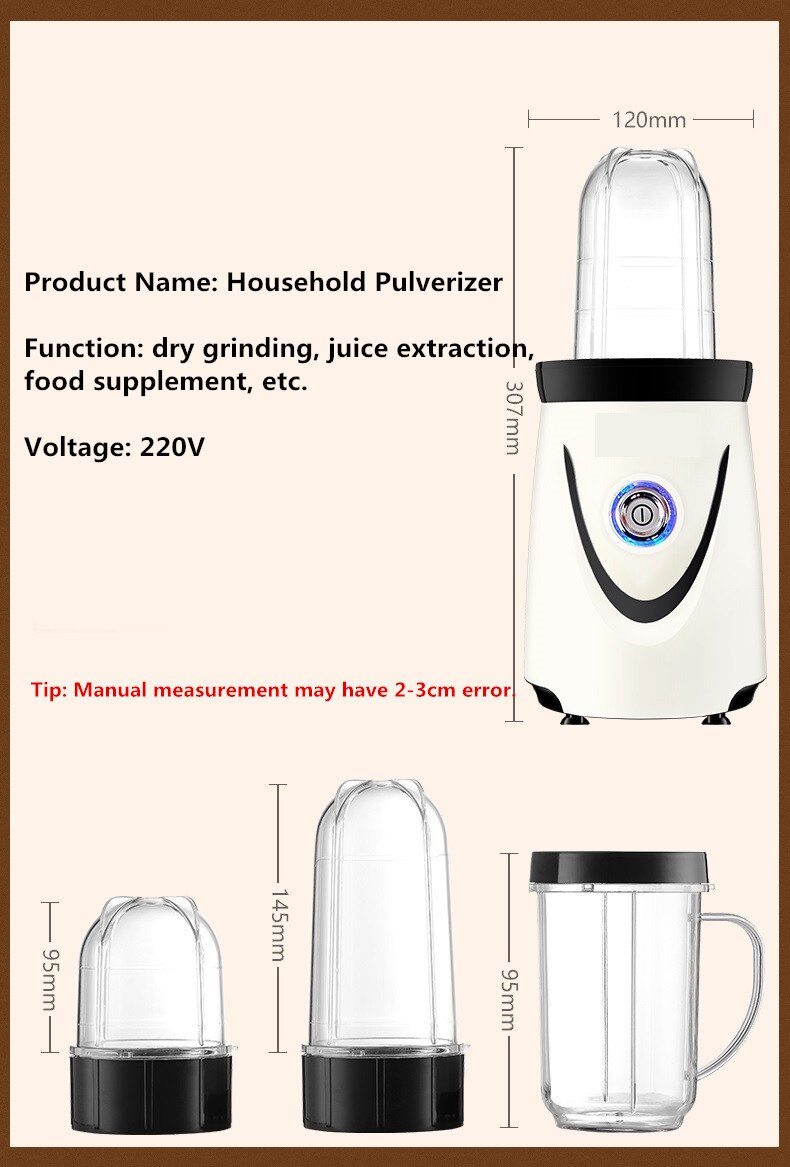 220V Electric Juicer Mini Multifunctional Meat Grinder Automatic Milkshake Blender Power Grinder with 2 Cups