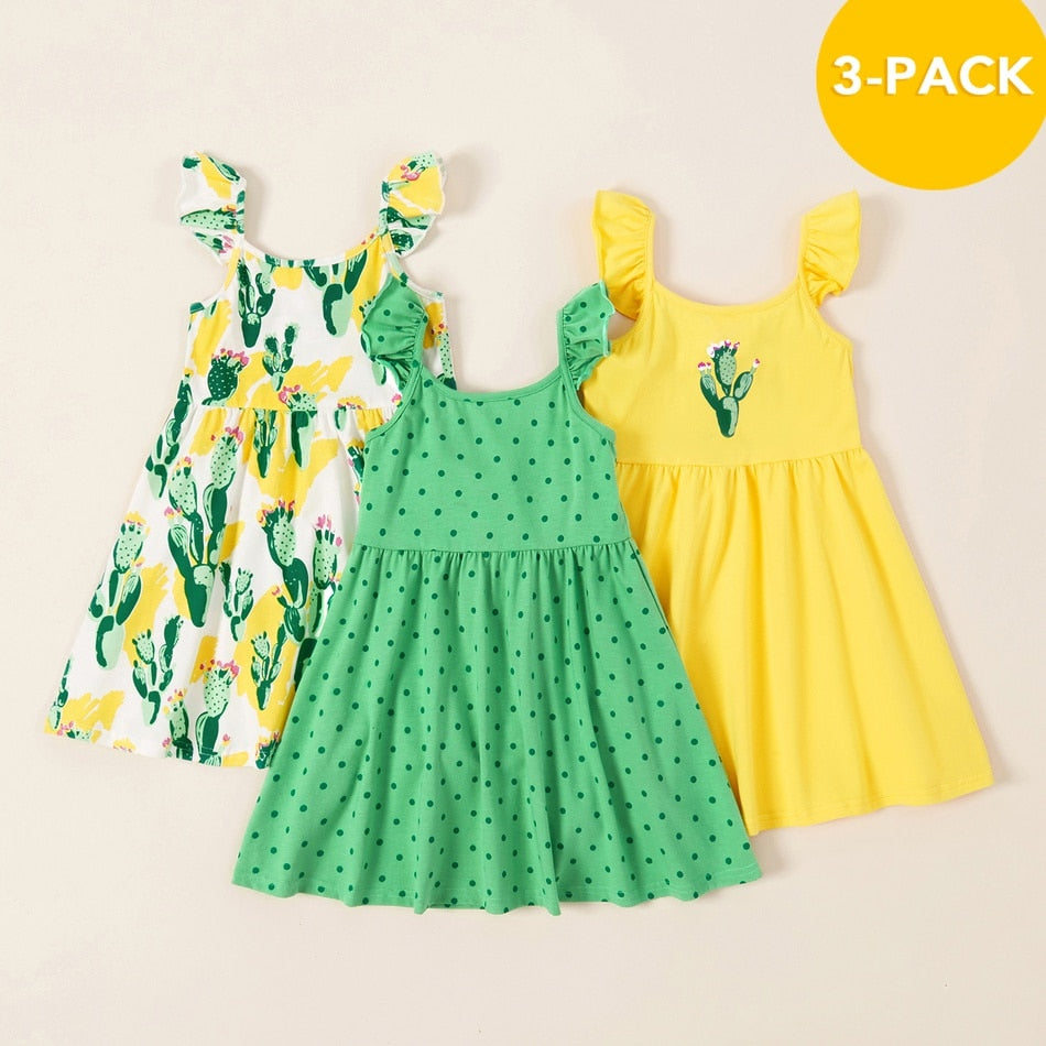 New Arrival Summer 3-piece Toddler Girl Cactus Polka Dots Print Dresses Children  Clothing