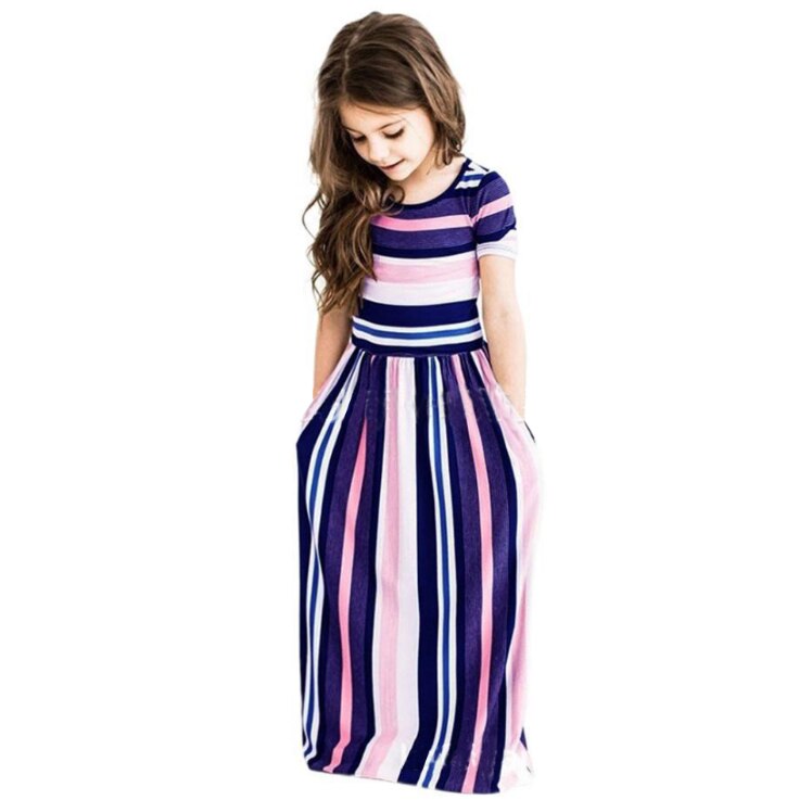 Kids clothing Girls Dresses Summer Color Stripes Printed Waist Dress Long Skirts 1-10 Years Old Girls Clothing Dresses