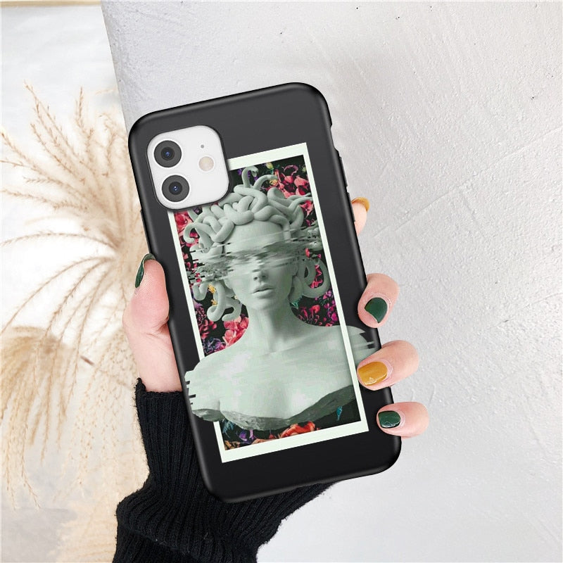Retro Art Line Sculpture Case For iPhone  Matte Abstract Silicone Capa