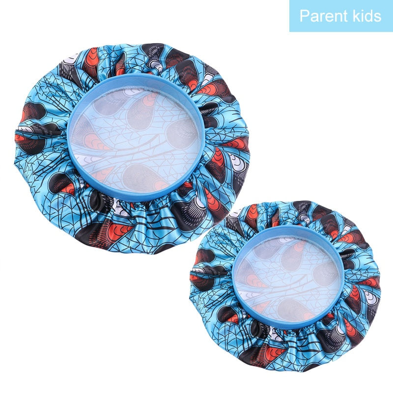 2 pcs/ set Satin Bonnet Sleep Cap Mommy and Me Girl&#39;s African Print Child Turban Hair Cover Baby Hat Hair Accessories