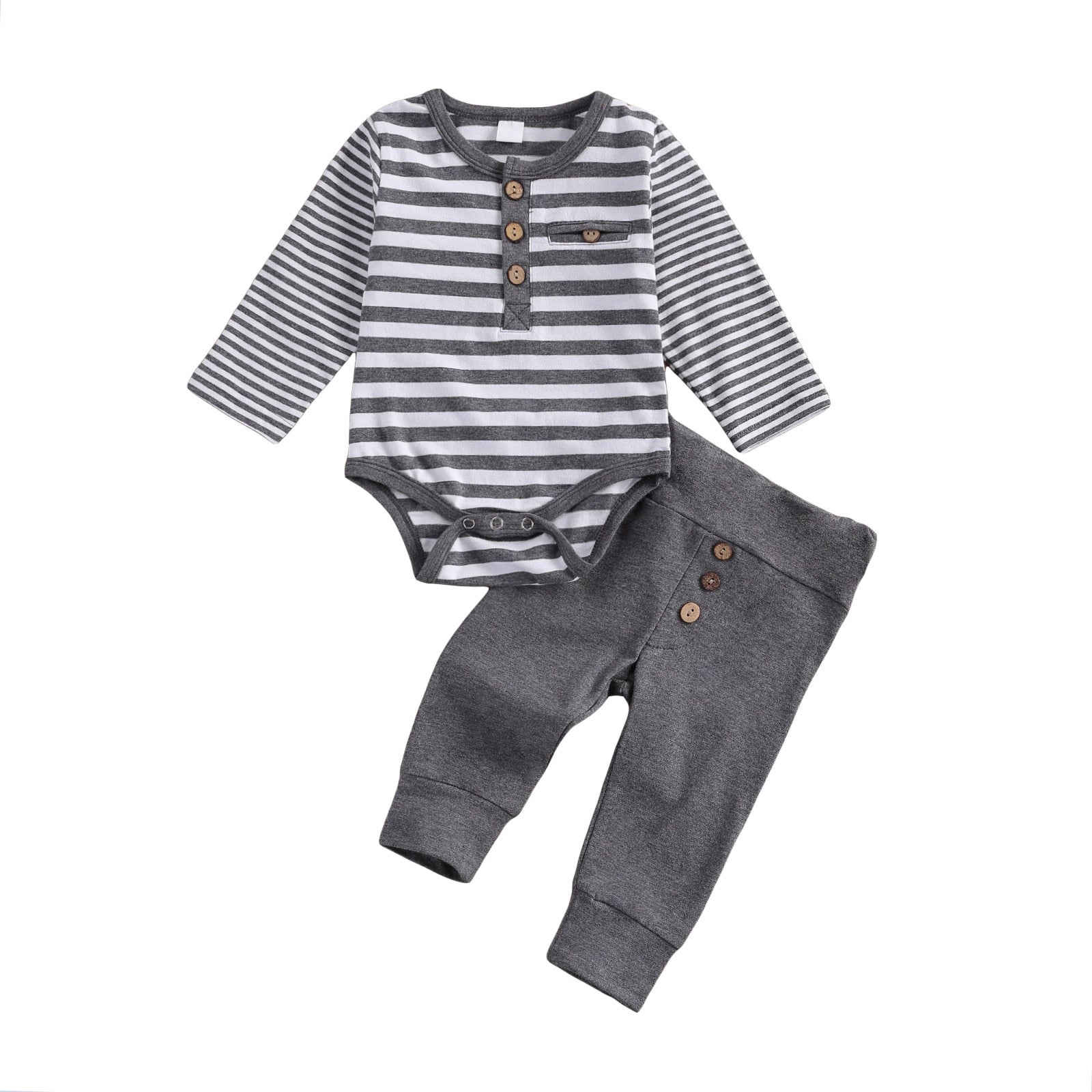 2 Pcs Baby Boy Girl Casual Suit Clothing Round Neck Long Sleeve Stripe Romper Button Decoration Loose Trousers