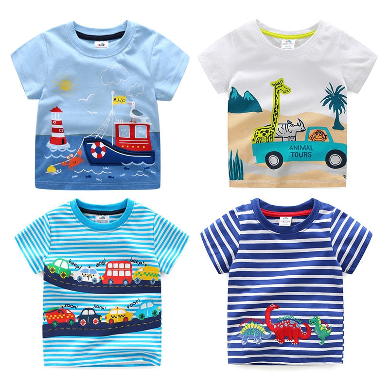2023 Summer 2-10T Children Clothing Dinosaur Car Striped Print Short Sleeve Basic Tops Cartoon T-Shirt For Kids Boy