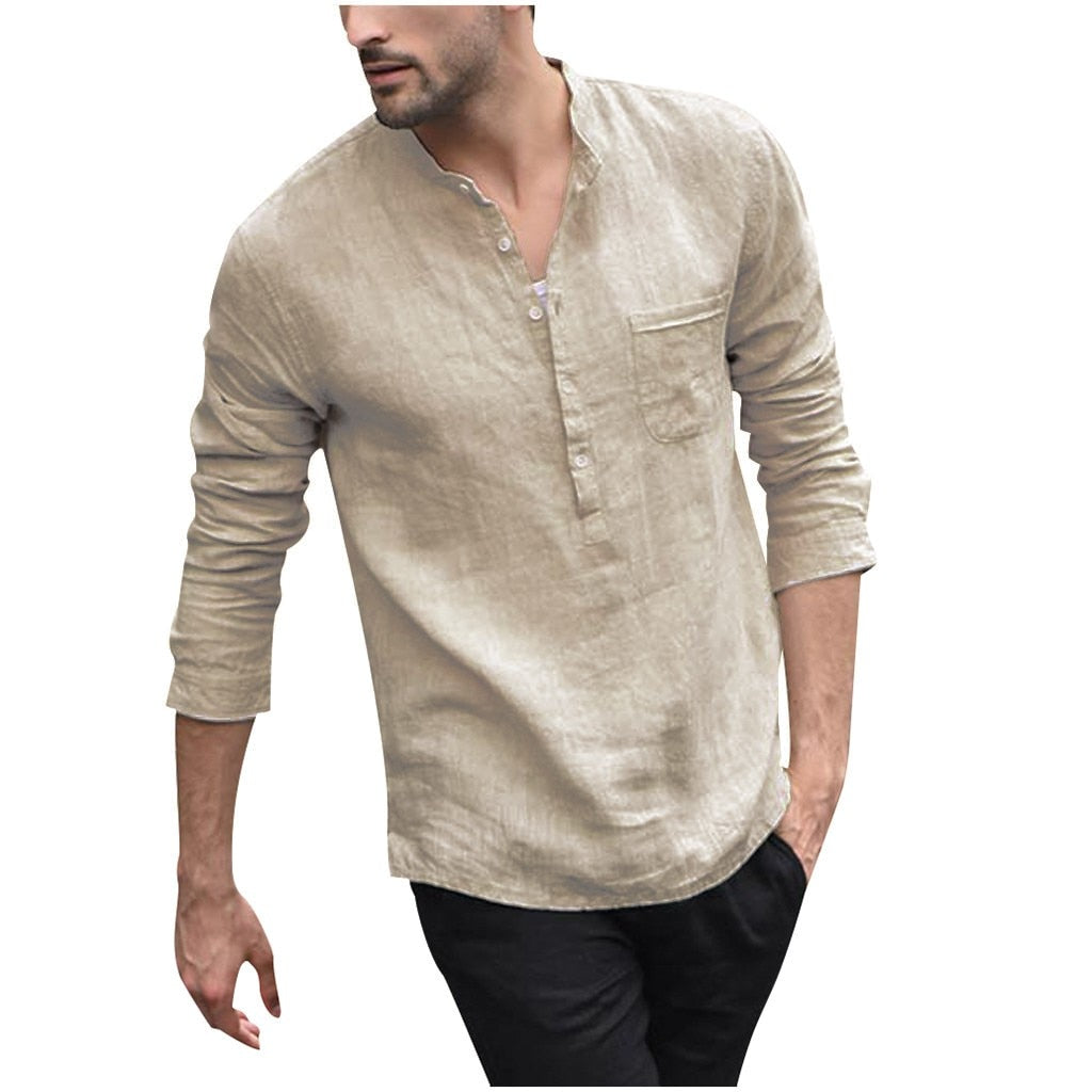 Men's Clothing Shirts For Men Vintage Pure Color Button Linen Solid Long Sleeve Retro Shirt Tops Blouse