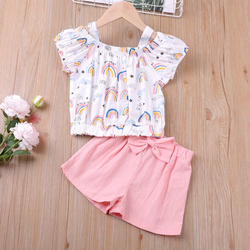 Summer Thin Suit Flower Decoration Sling Top+Denim Shorts 2Pcs Clothing Sets Children&#39;s Clothing Girl Clothing