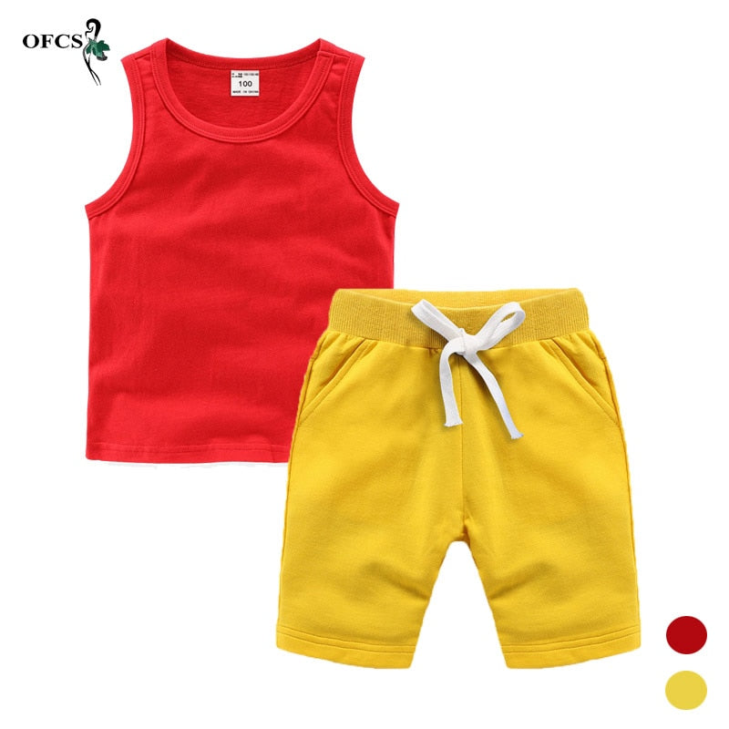 Toddler Boys Solid Outfits Children Suit Summer Tees Suits Cotton Unisex Vest T-shirt + Shorts 2Pcs/Set 2-12