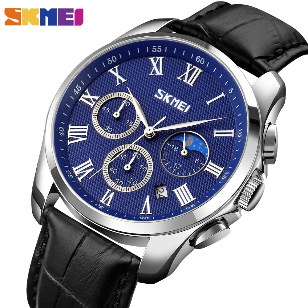 SKMEI New Japan Quartz Movement Moon Phase Watches Mens Waterproof Stopwatch Genuine Leather Male Wristwatch