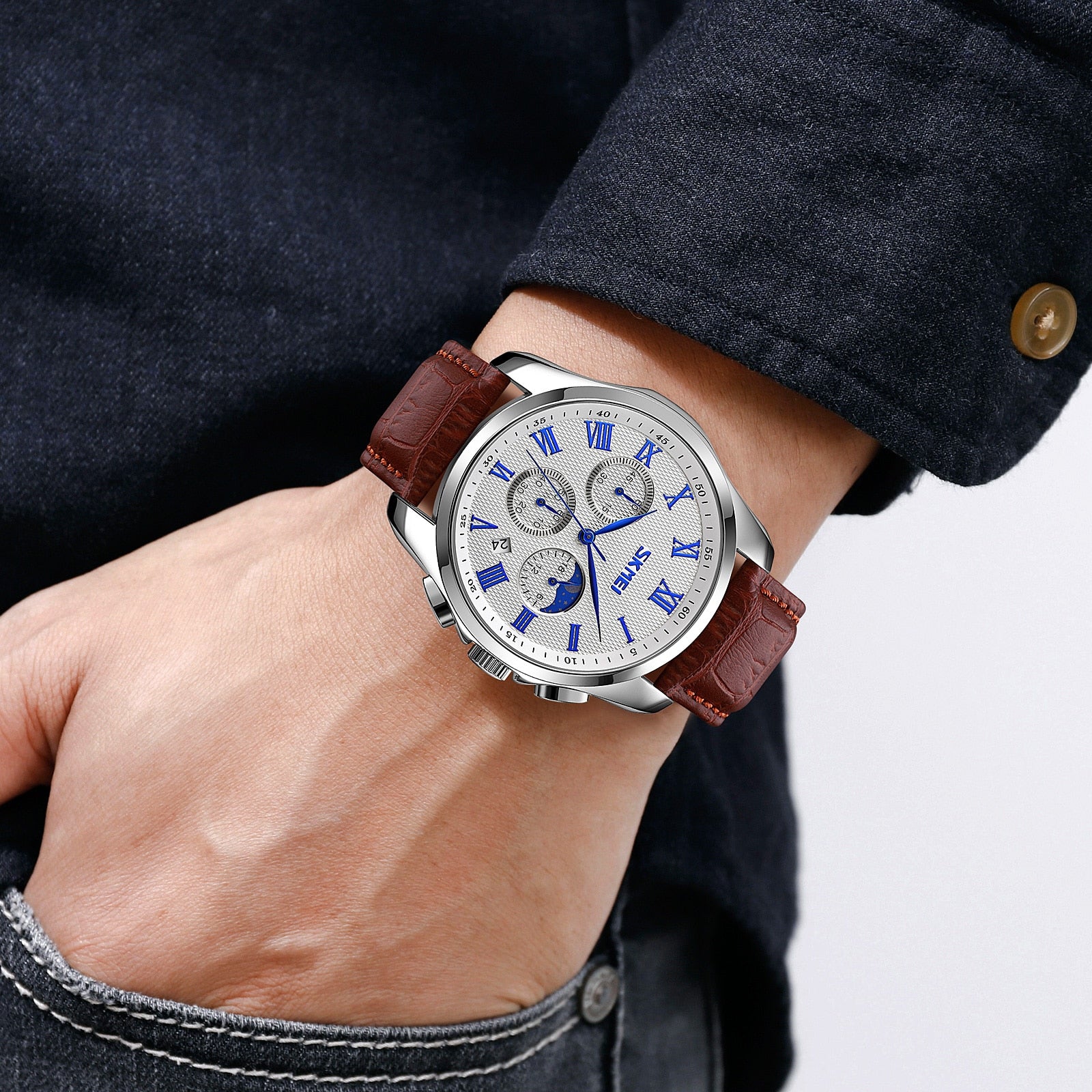 SKMEI New Japan Quartz Movement Moon Phase Watches Mens Waterproof Stopwatch Genuine Leather Male Wristwatch