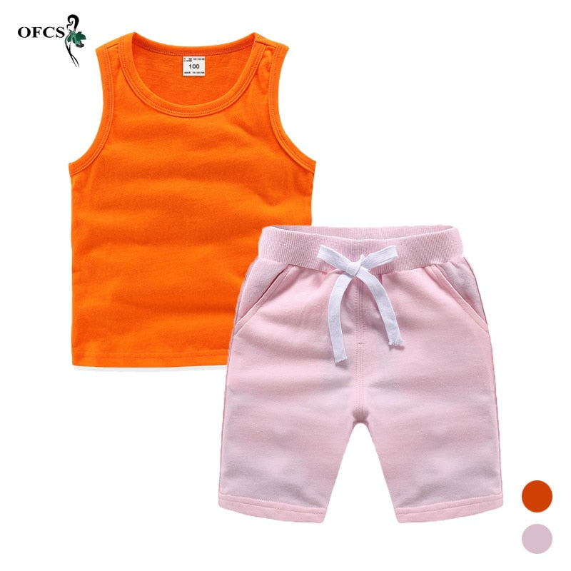 Toddler Boys Solid Outfits Children Suit Summer Tees Suits Cotton Unisex Vest T-shirt + Shorts 2Pcs/Set 2-12
