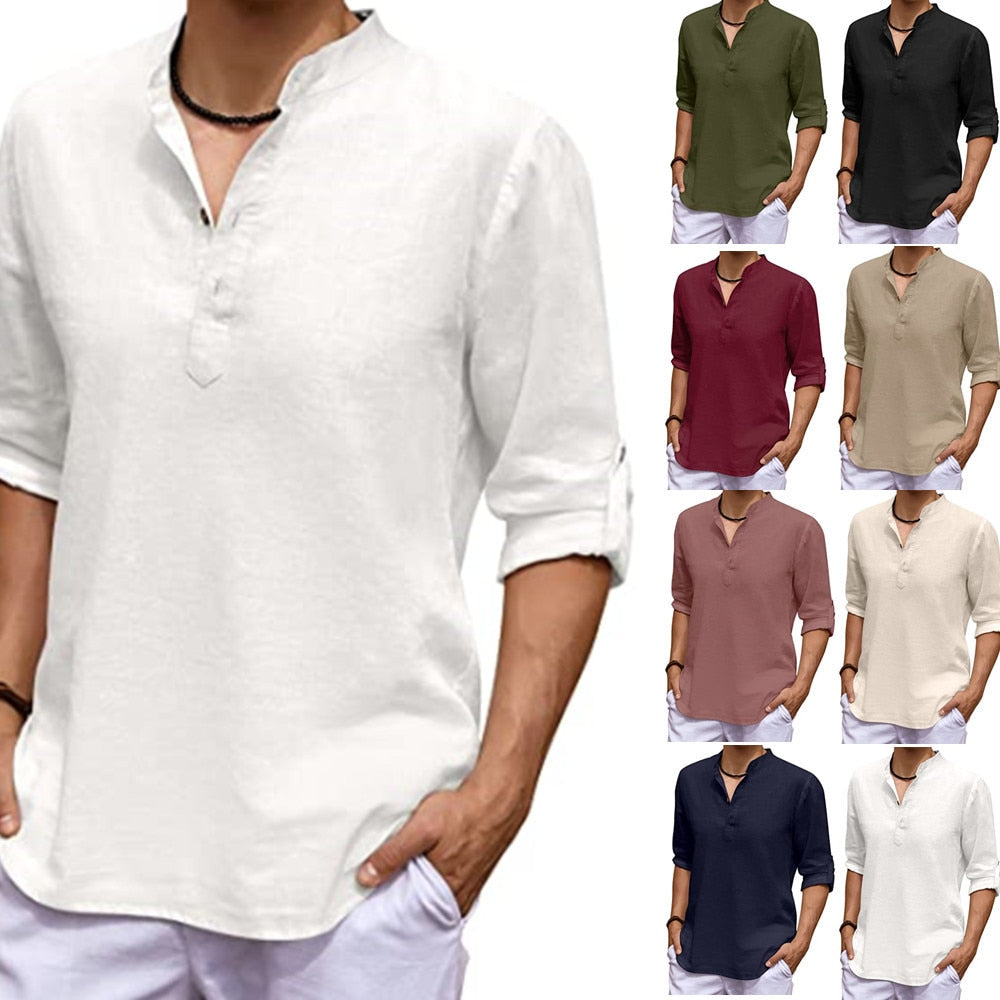 Men Cotton Linen Blouse Tops Summer Turn Down Collar Half Sleeve Button Pullover Loose Blouse Shirts