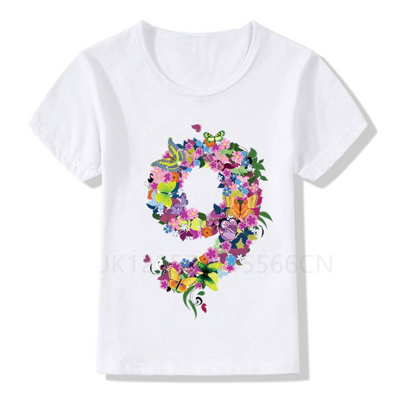 Kids Flower Butterfly 1-9 Birthday Number Print T-Shirt Children Birthday Boy/Girl
