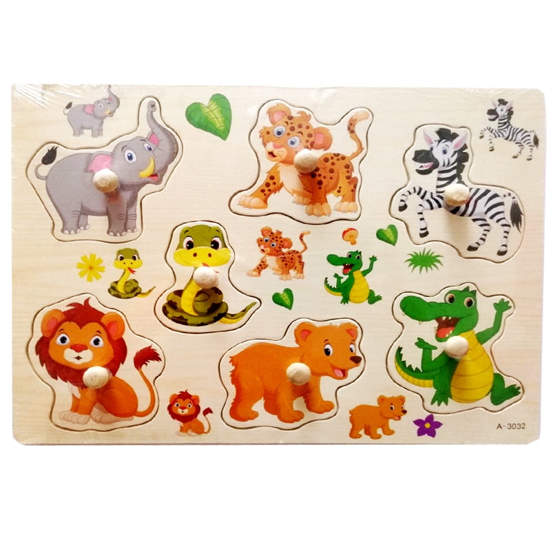 30cm Baby Toys Montessori Wooden Puzzle Hand Grab Board Educational Wood Puzzles for Kids Cartoon Animal Vehicle Child Gift