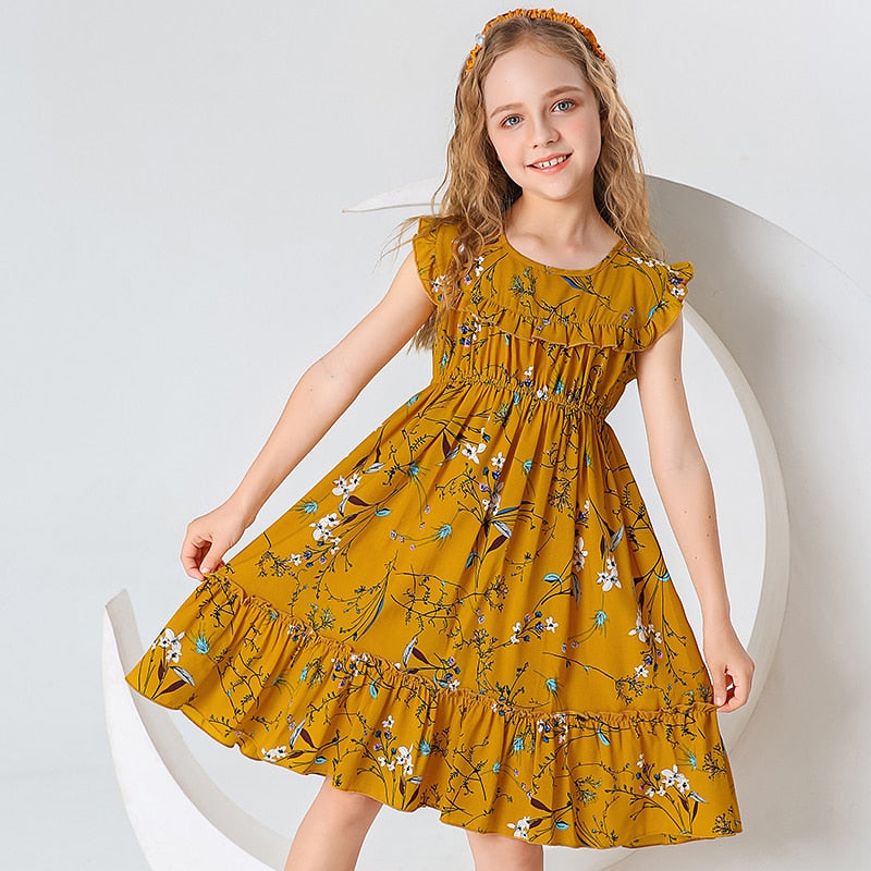 Kid Girls Casual Dress Summer New Floral Print Ruffle A-line Yellow Dress for Girls O Neck Sleeveless Children Clothing