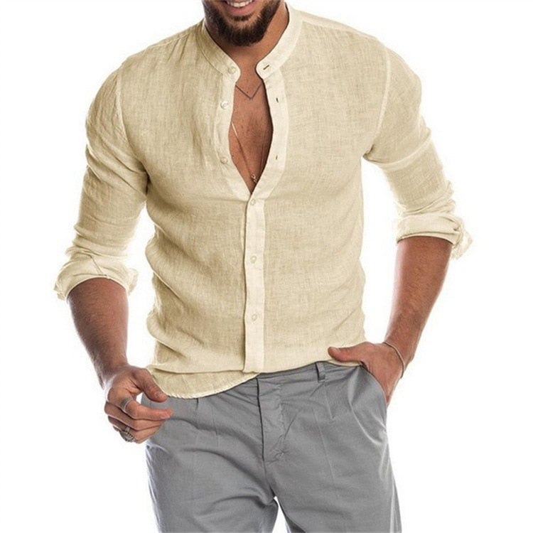 Men Solid Color Linen Long Sleeve Shirt Stand Collar Cardigan