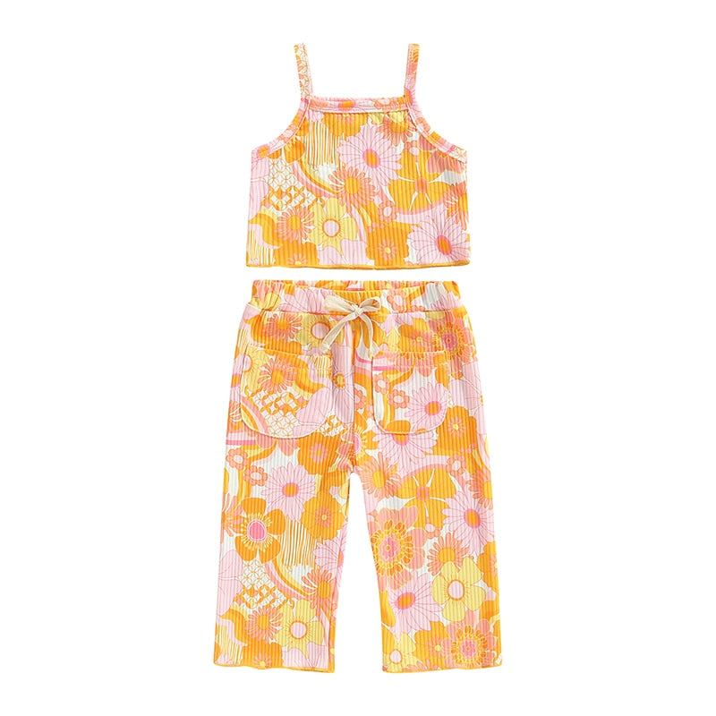 Children Summer Set with Floral Ribbed + Tops with Elastic Waist and Long Pants