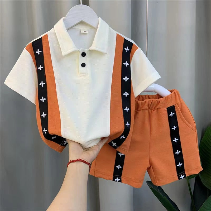 Summer 2PCS Outfits Cotton Kids Turn-down Top And Shorts Toddler Short Sleeve Clothing