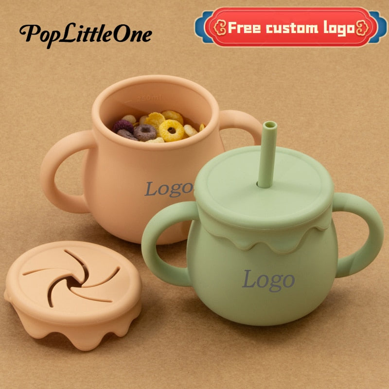 Cartoon Cute Silicone Straw Cup Children & Drinking Cup Snack Cup 2-in-1 Food Storage Box with Handle Feeding Water Cup BPA Free