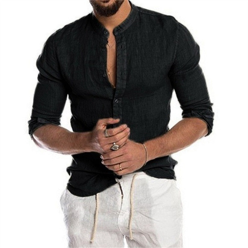 Men Solid Color Linen Long Sleeve Shirt Stand Collar Cardigan