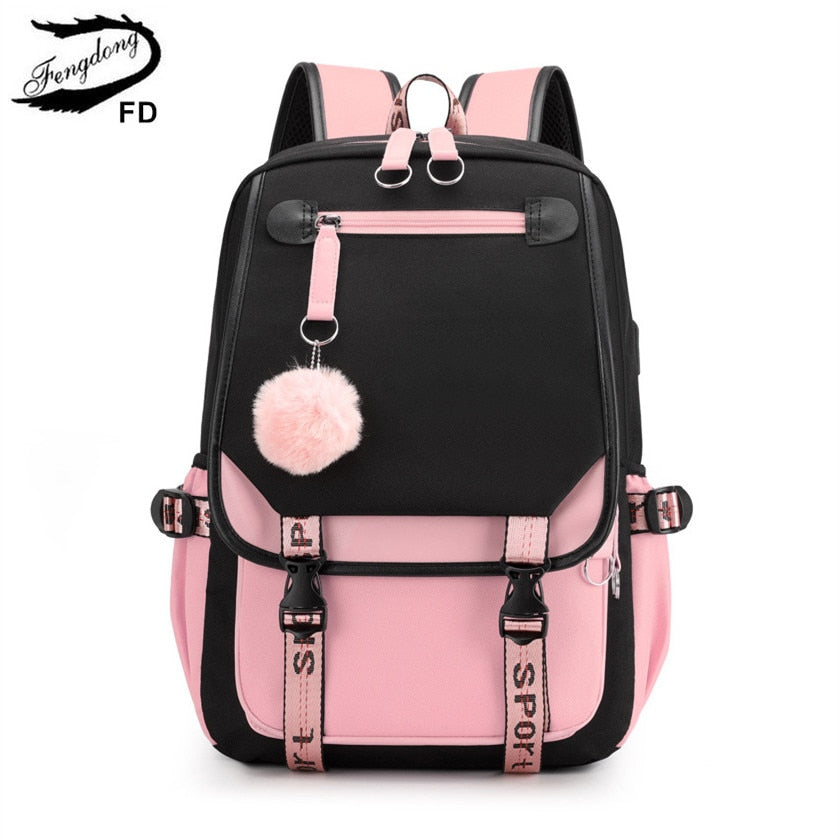 Large School Backpack for Teenage Girls USB Port Canvas schoolbag student book