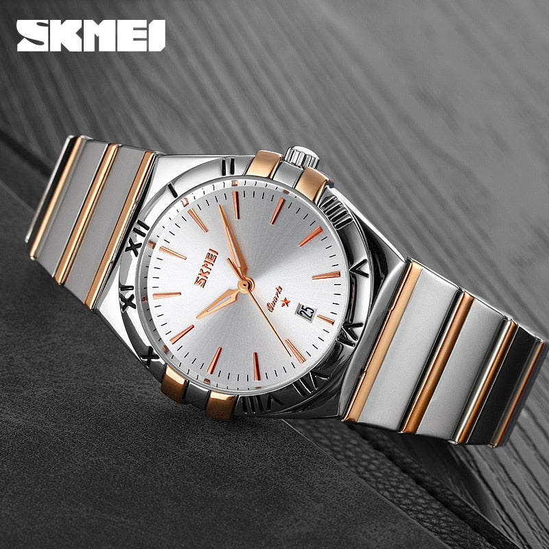 Watches Stainless Steel Strap Quartz Watch Simple Design Dial Calendar Quartz Movement Wristwatch SKMEI Hombre