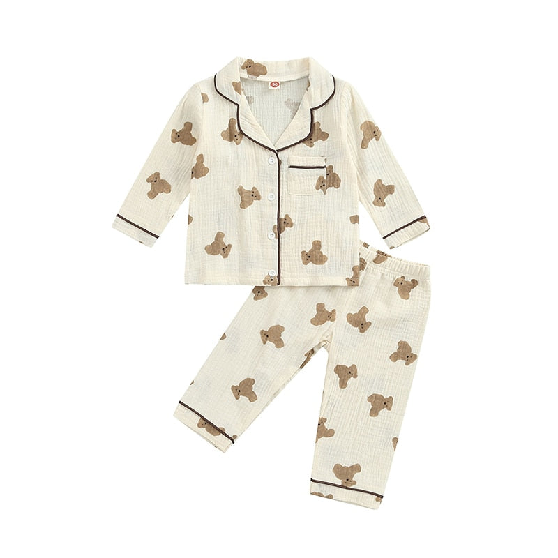 1-6 Years Toddler Baby Kids Unisex Casual Pajama Suit Cartoon Bear Print Long Sleeve Front Pocket Lapel Tops+ Long Pants