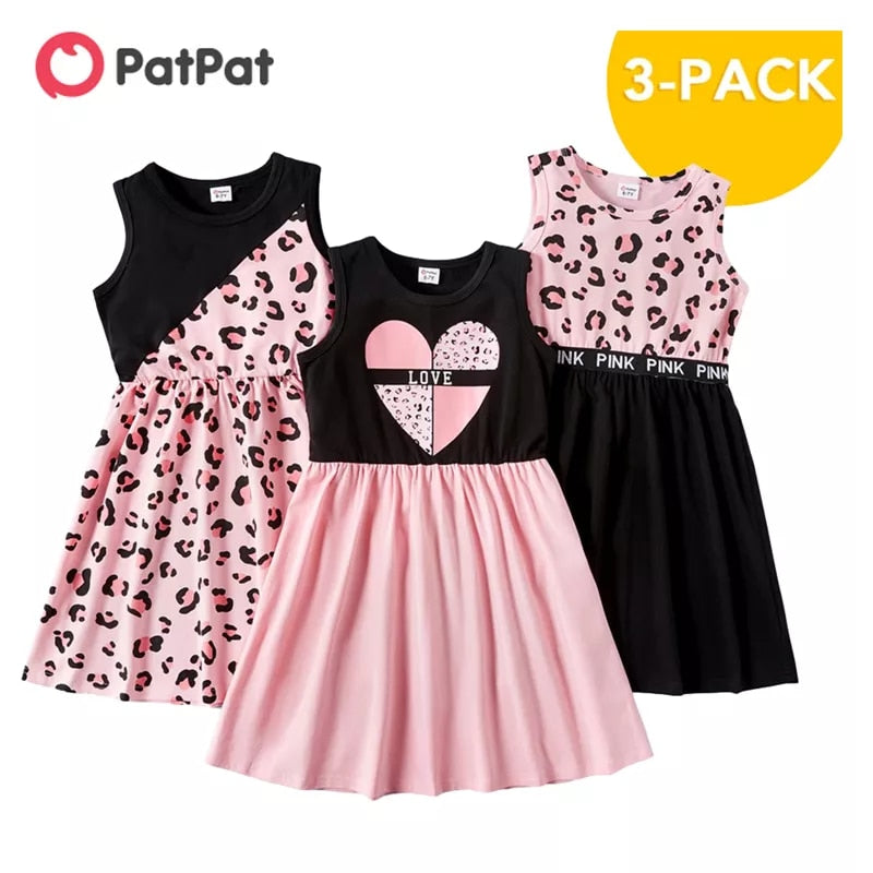 New Arrival Summer 3-piece Kids Leopard Love Dresses Set Kids Girls Sleeveless Dress Children Clothing