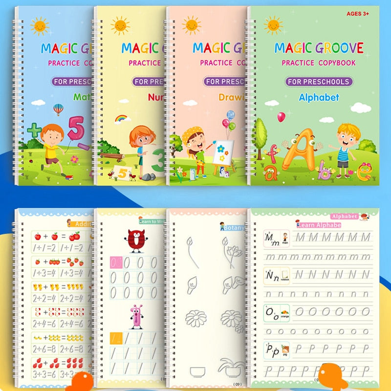 4pcs Magic Groove Practice Copybook Pen Preschools English Version Kids Calligraphy Children Reusable Writing Book Free Wiping