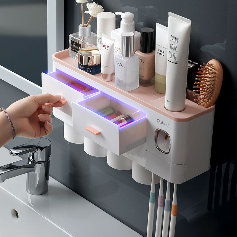 Bathroom Accessories Set Magnetic Adsorption Toothbrush Holder  Automatic Toothpaste Dispenser with Cup Wall Mount Storage Rack