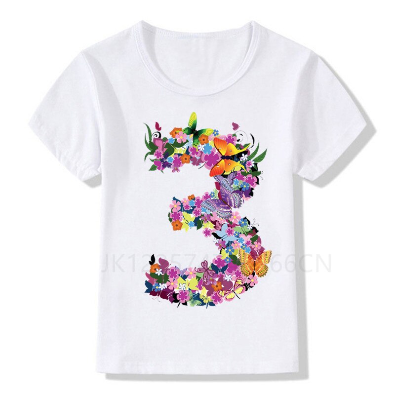 Kids Flower Butterfly 1-9 Birthday Number Print T-Shirt Children Birthday Boy/Girl