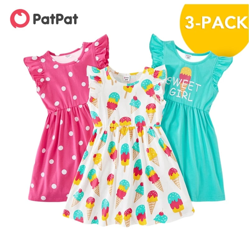 Summer 3-Pack Girls Dresses Toddler Ice Cream Polka Dots Children Clothing New Arrival 3-6Y