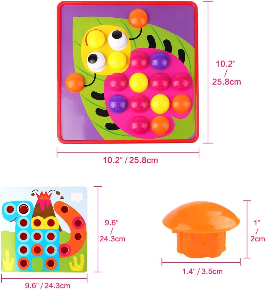 Button Art Puzzle Toy for Toddlers Activities Crafts Color Matching Early Learning Educational Pegboard 46 Buttons 10 Pictures