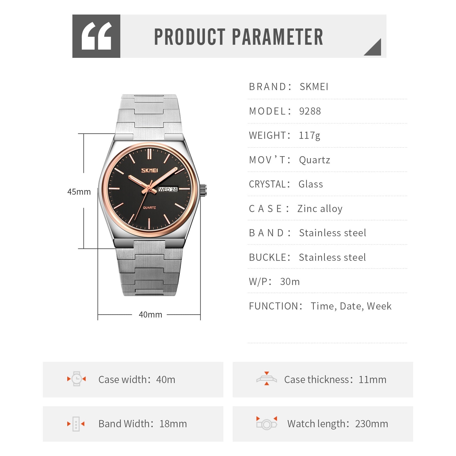 SKMEI Luxury Stainless Steel Strap Watches Men Quartz Movement Wristwatch Calendar Clock Relogs Para Hombre