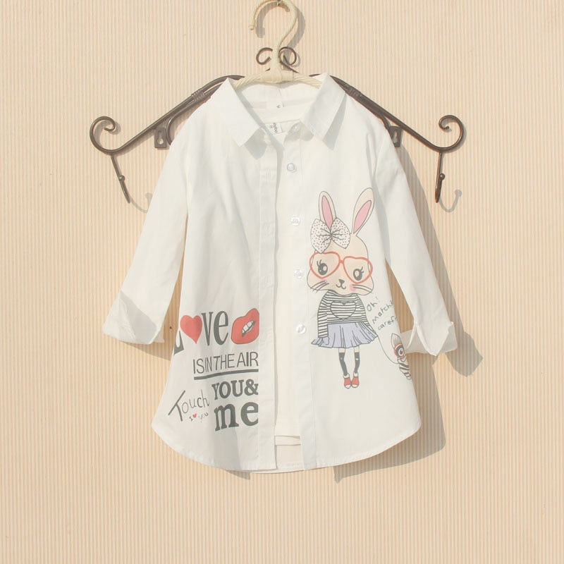 Girls Blouse 2023 Spring Children Clothes Cartoon Rabbit Long Sleeve Tops White Blouses for 8 To 12 Years Teenage Girls Shirt